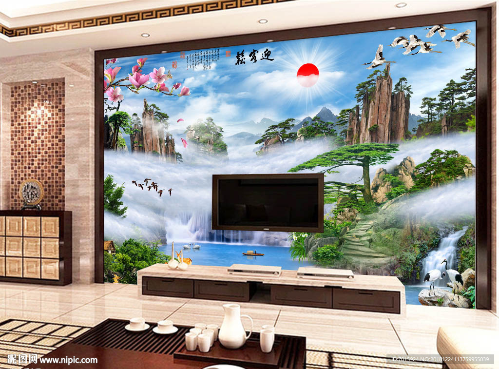 迎客松客厅电话背景墙