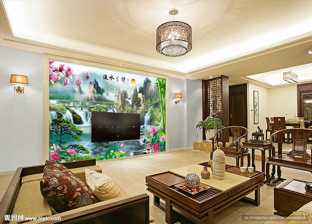 流水生财水风景电视背景墙装饰画