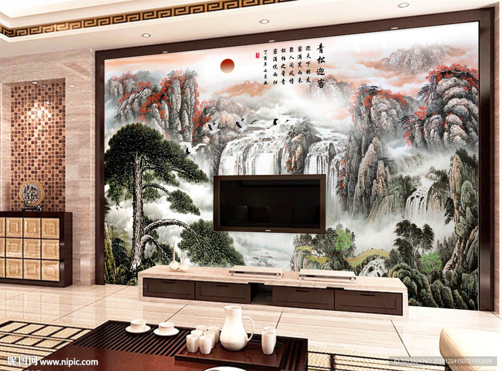 水墨山水画电视墙