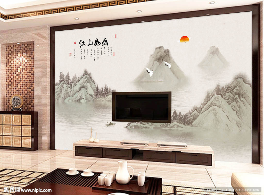 水墨中国风山水情花鸟国背景墙