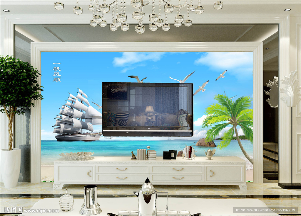 蓝天白云室外风景电视背景墙