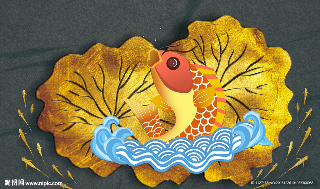 鲤鱼荷花金箔电视背景墙