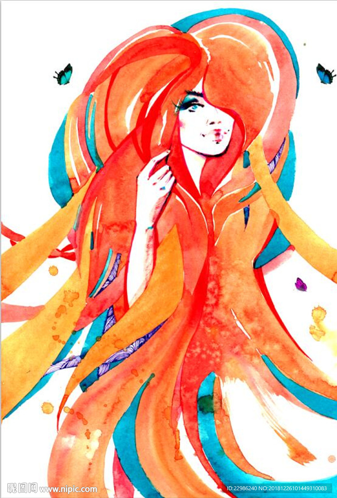 高清水彩手绘时尚绚丽美女装饰画