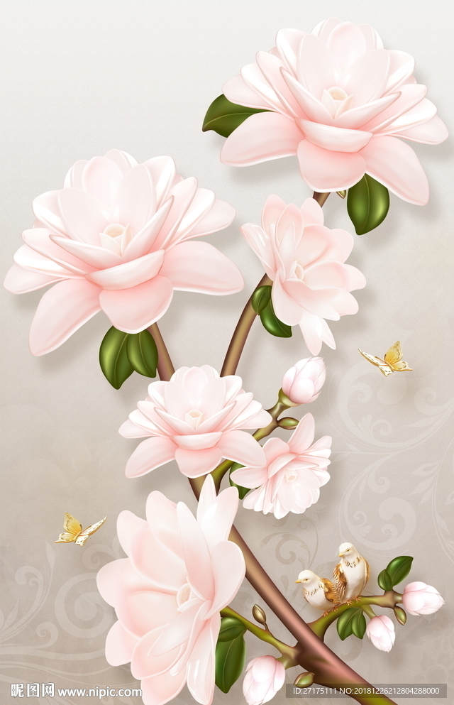 高清3d立体浮雕玉兰花玄关背景