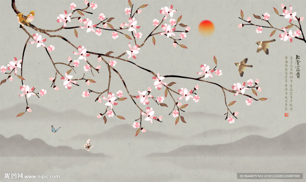 工笔花鸟山水壁画