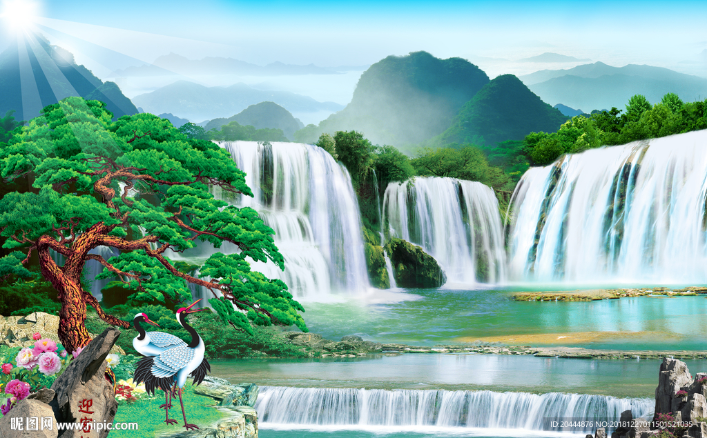 迎客松 流水生财 背景墙