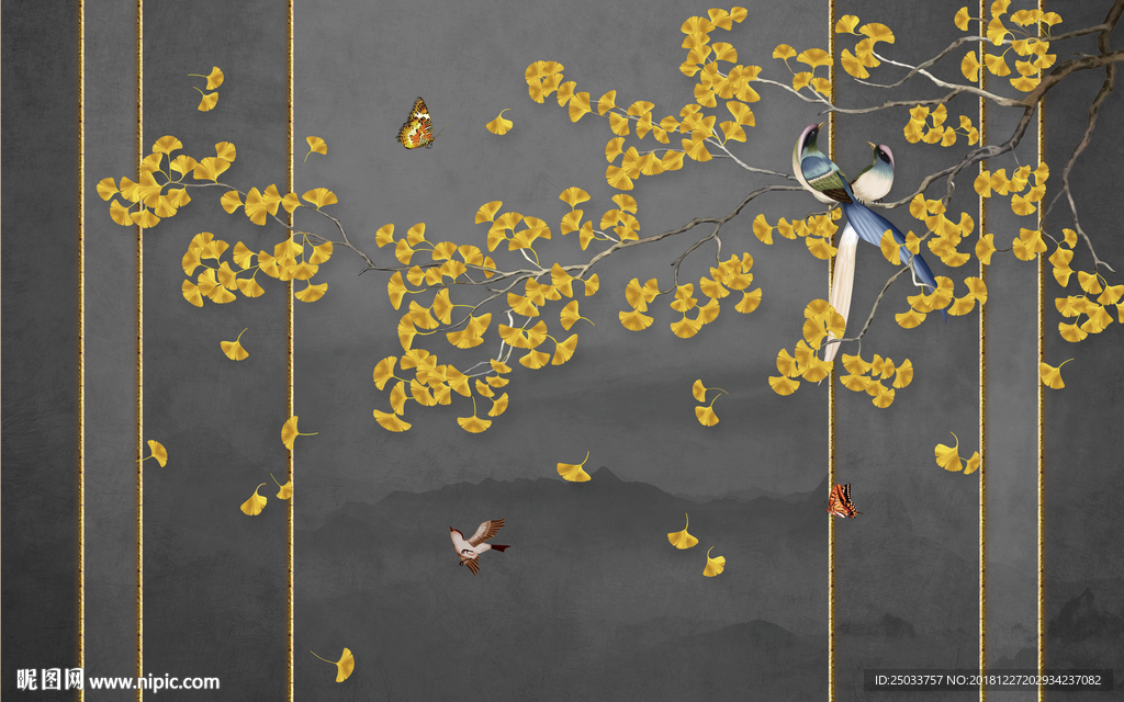 银杏富贵中式山水花鸟玄关屏风背