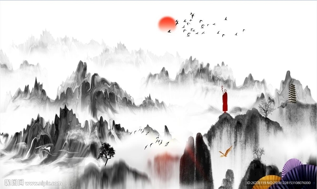 新款山水画水墨意境背景墙