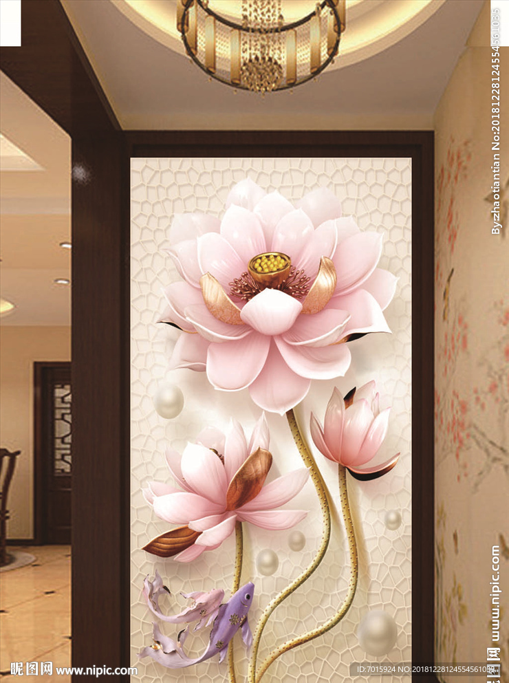 浮雕鲜花花瓶玄关背景墙图片