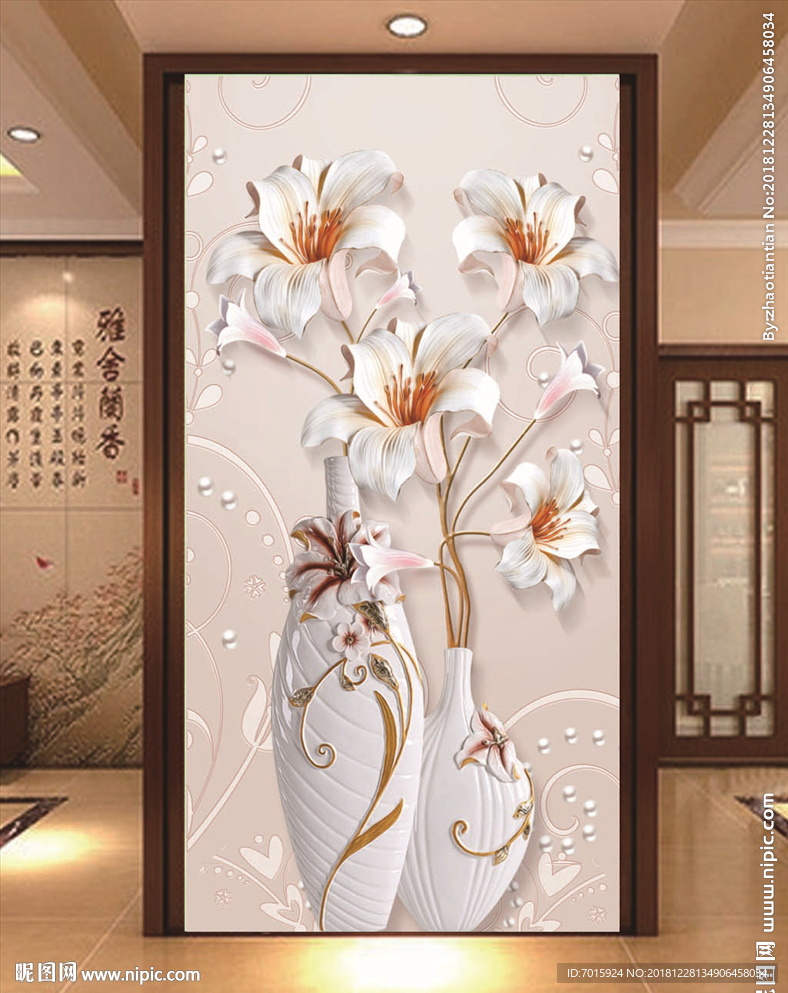 高清玉雕花瓶玉兰过道