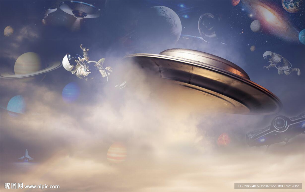 云层中飞行的UFO高清壁画吊顶