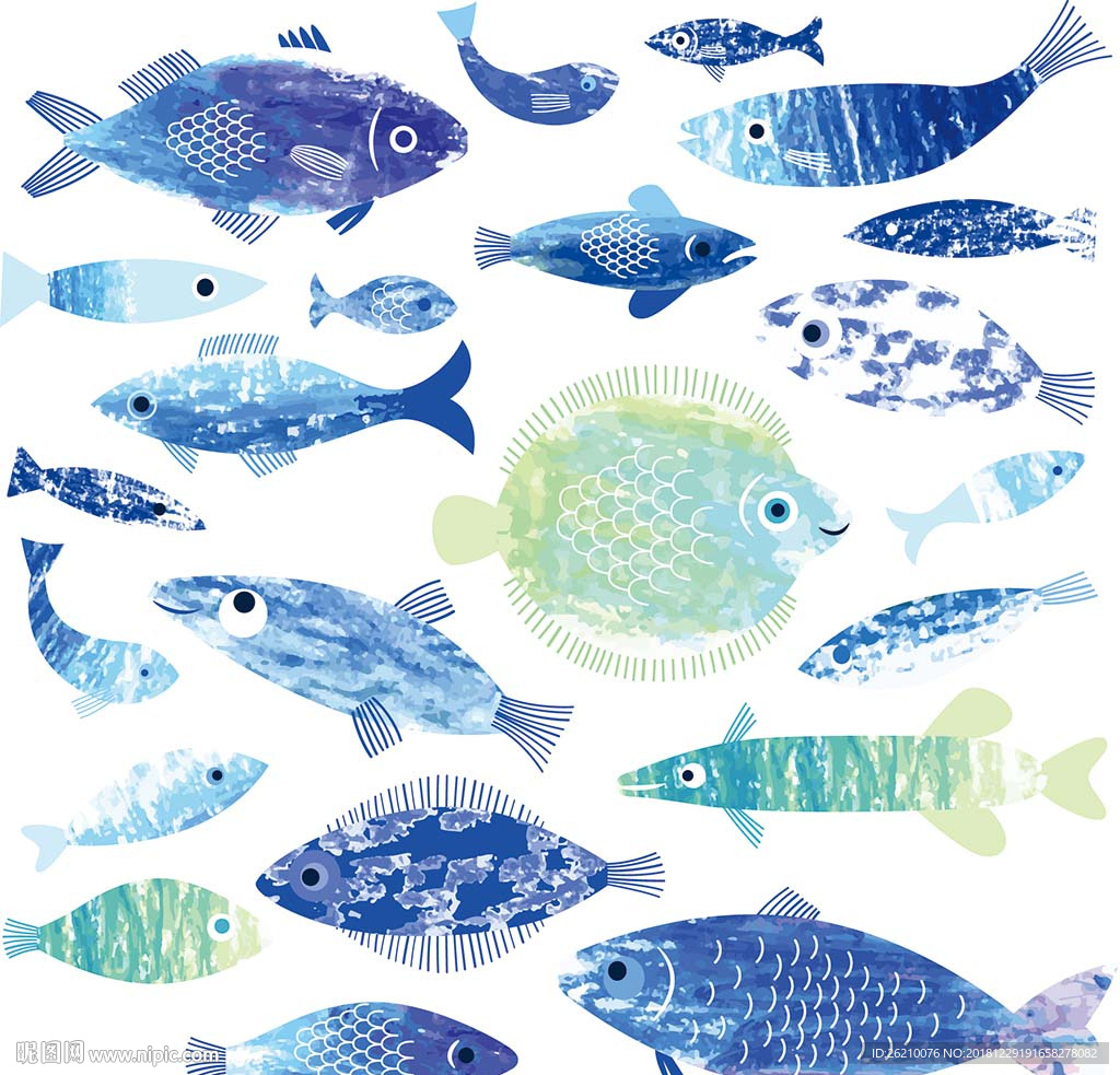 蓝色矢量鱼群卡通素材