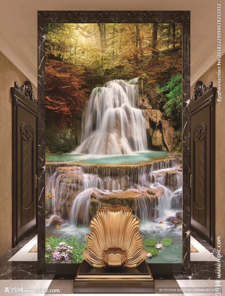 小河流水石桥3D玄关背景装饰画