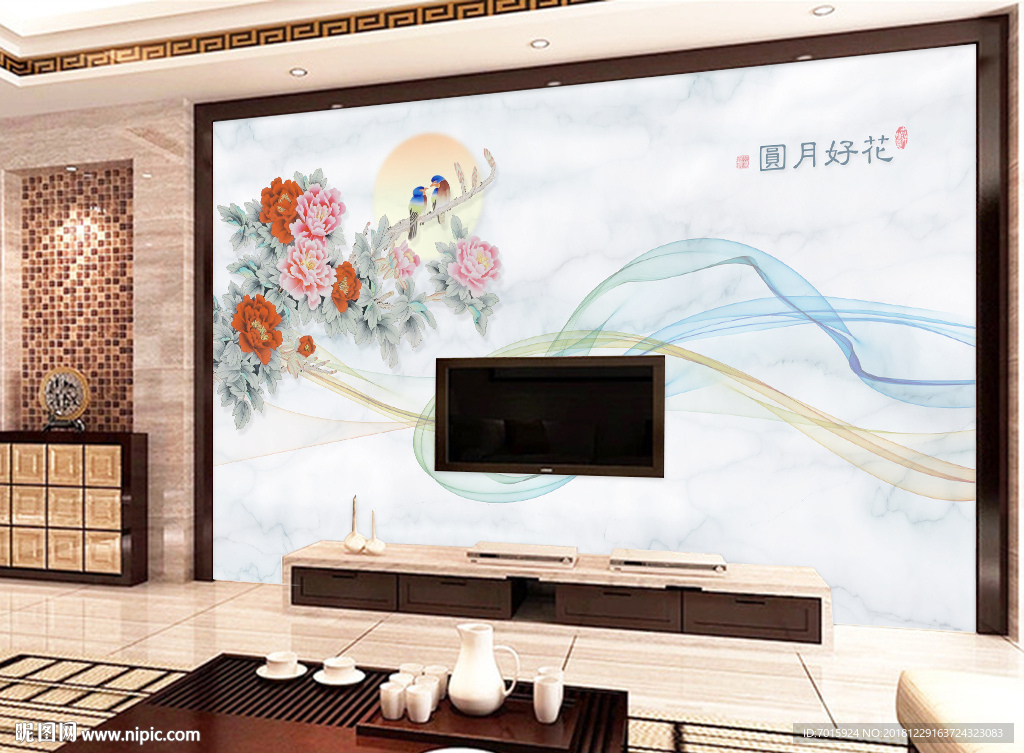 现代简约花开月圆 水墨山水