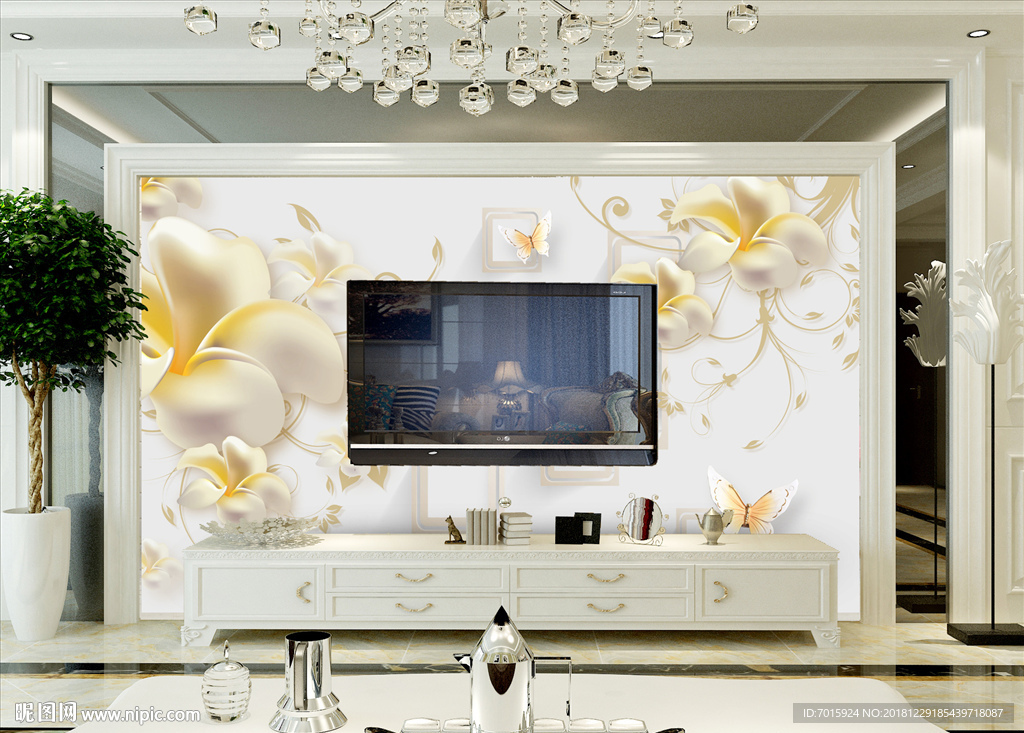 花朵背景墙 电视背景墙 蝴蝶