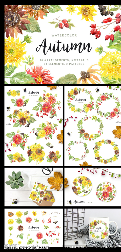 水彩手绘秋季花卉花环装饰背景