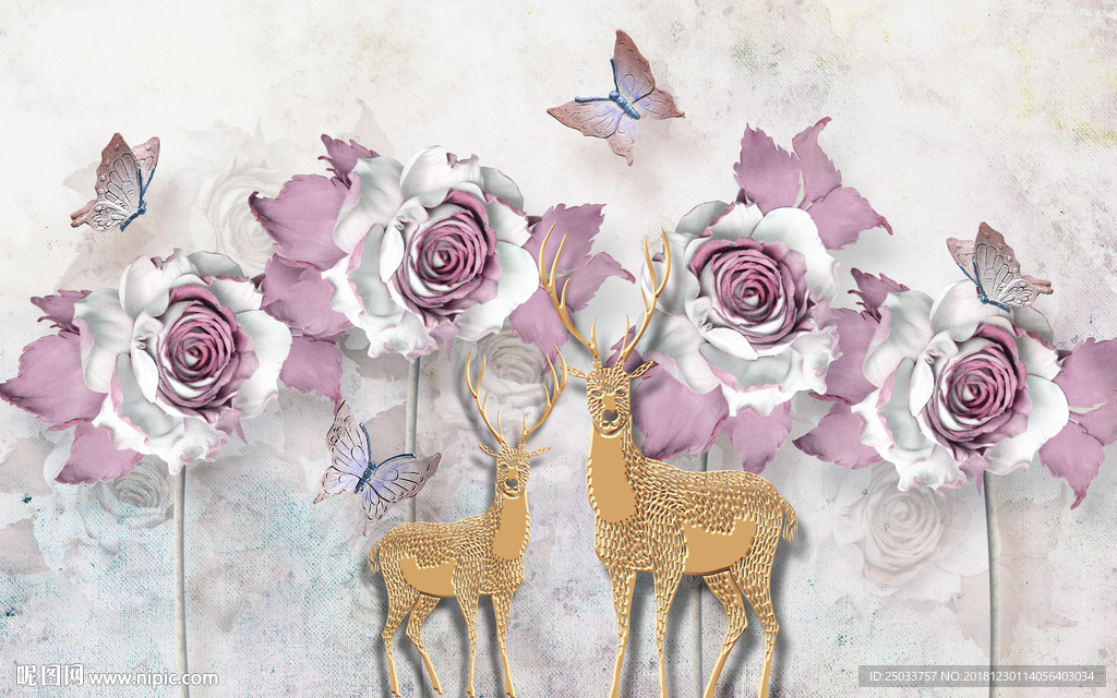 北欧麋鹿手绘花朵玄关屏风背墙底