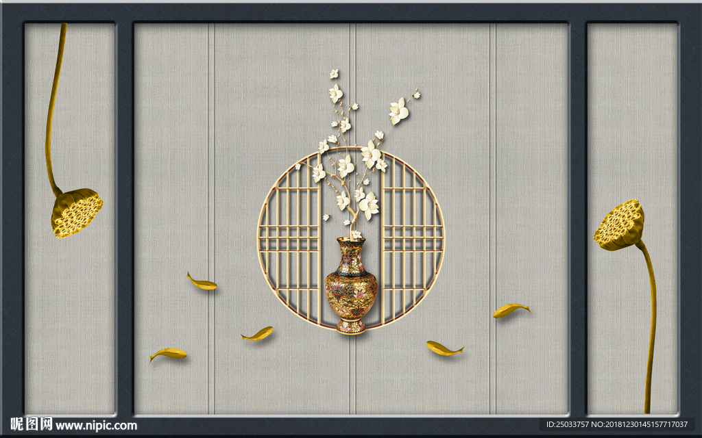 纹中式荷花鸟玄关屏风背景墙底纹
