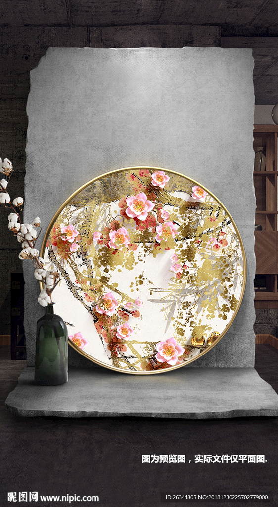 轻奢风新中式花鸟圆形装饰画