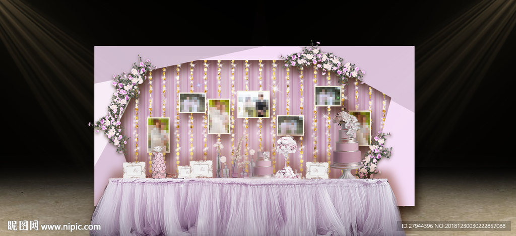 粉紫色婚礼甜品区