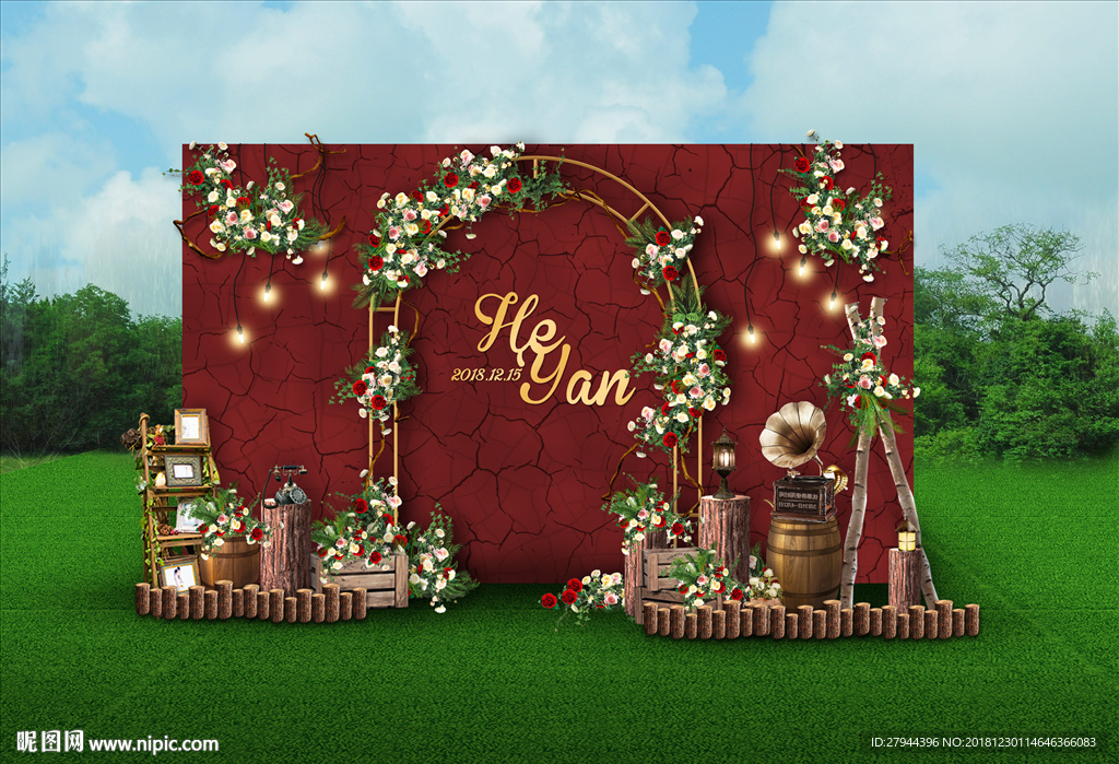 红色户外婚礼迎宾区