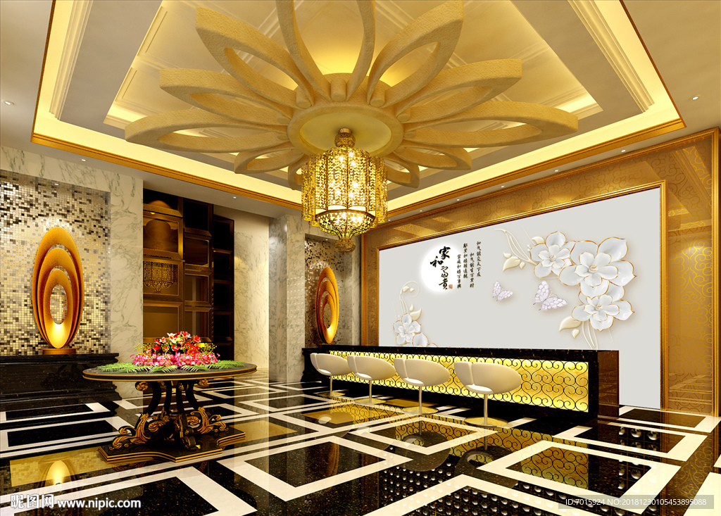 荷叶 电视墙浮雕 雕刻 彩雕