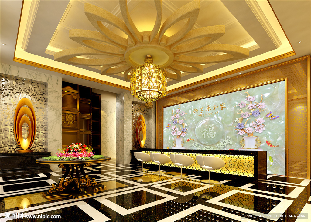 高档浮雕玉兰花玉雕福字电视背景