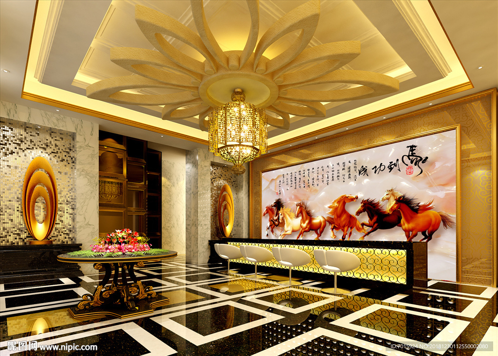 电视墙 马到成功 万马奔腾墙画