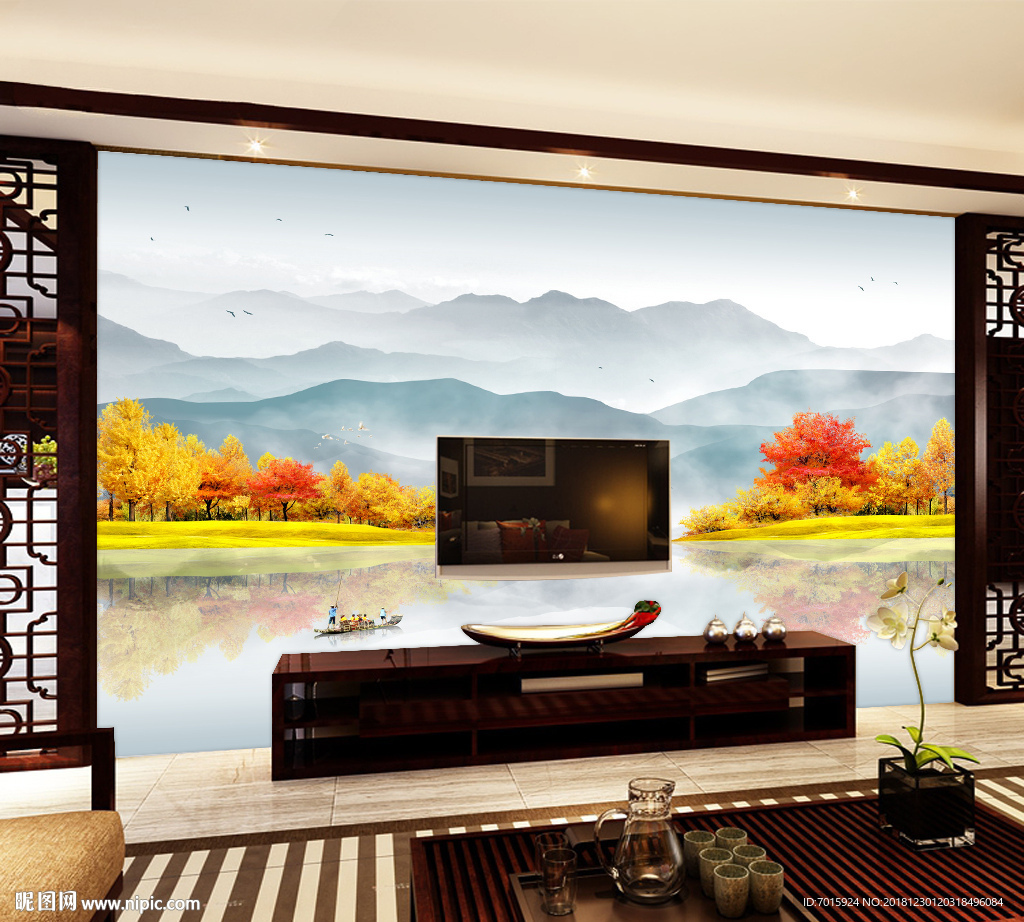 新中式背景墙 新中式 无框画