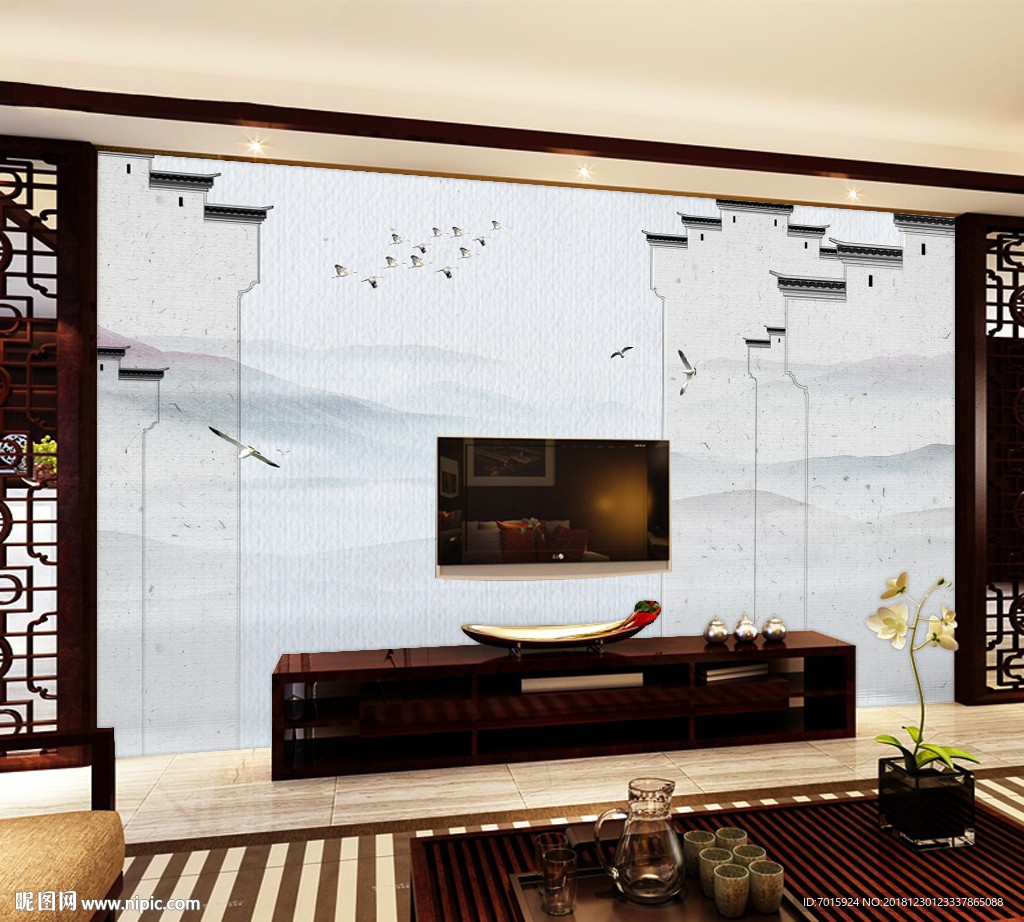 中式风景 花鸟 中国古建筑