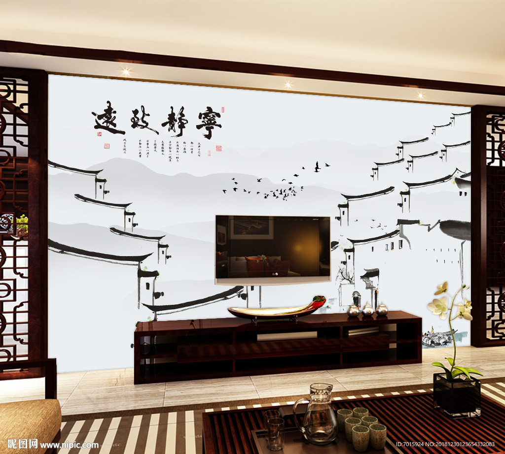 中式风景 花鸟 中国古建筑