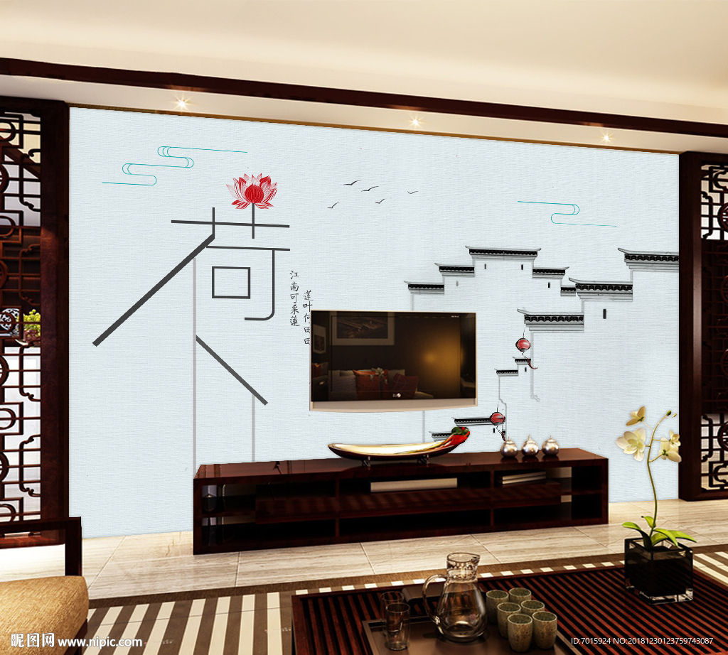 中式风景花鸟 中国古建中背景墙