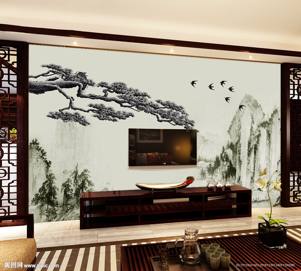 山水画电视墙 中国风 中国画