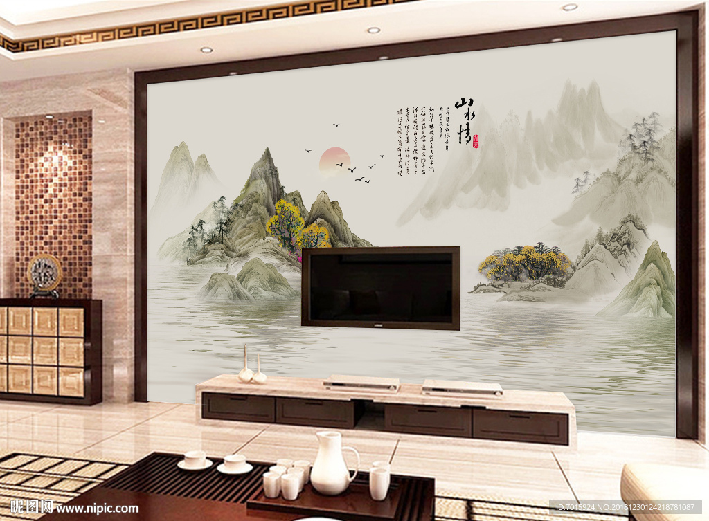 山水画电视墙背景模板设计