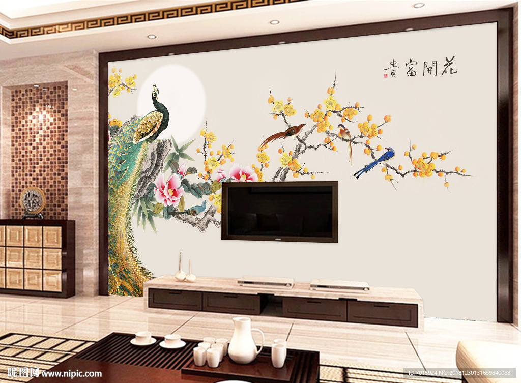 孔雀 仙境 电视背景墙 古典