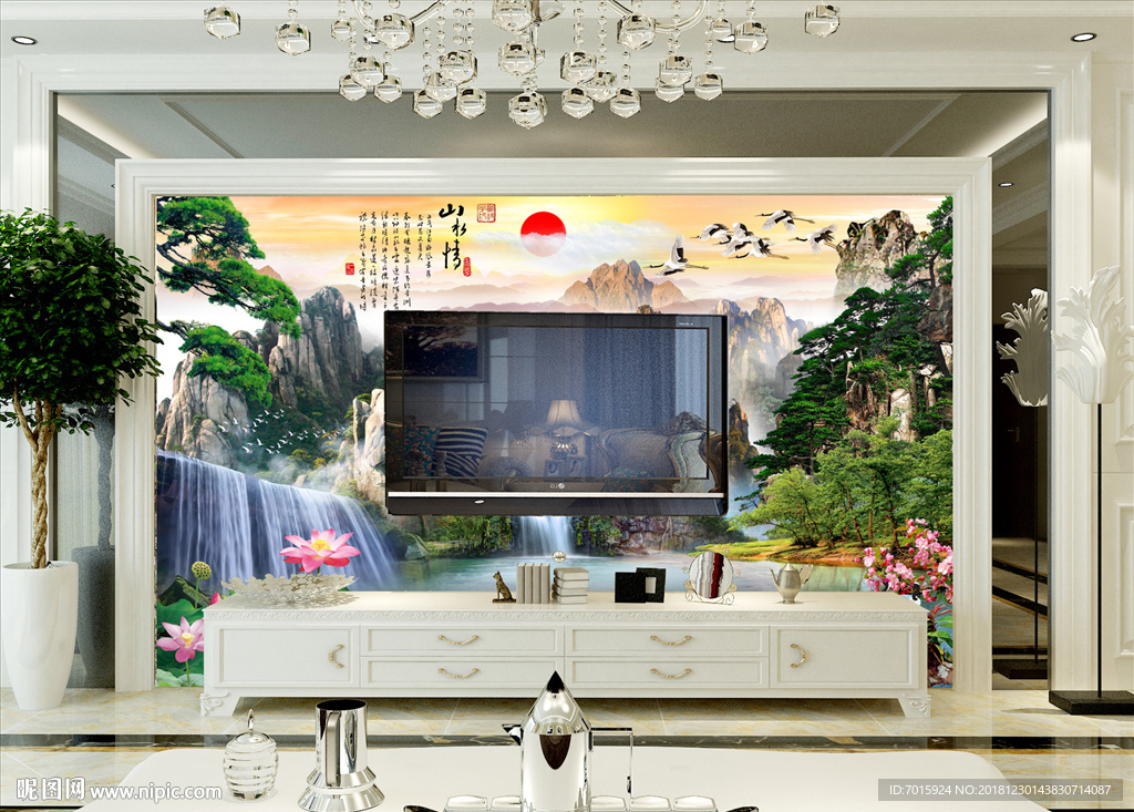 中式山水风景画背景壁画