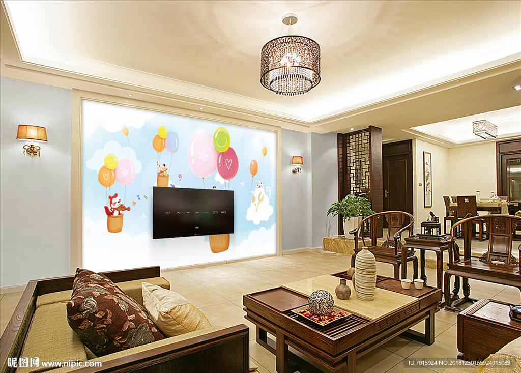 手绘背景墙 手绘卡通气球背景