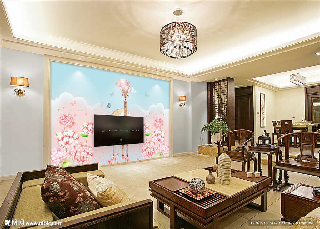 粉色花朵小鹿绘卡通 卡通背景