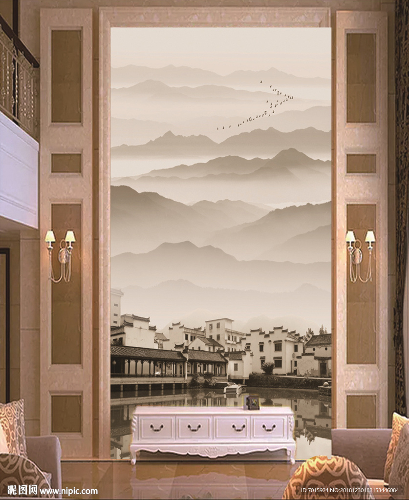 竖版壁画 墙纸仿古建筑画