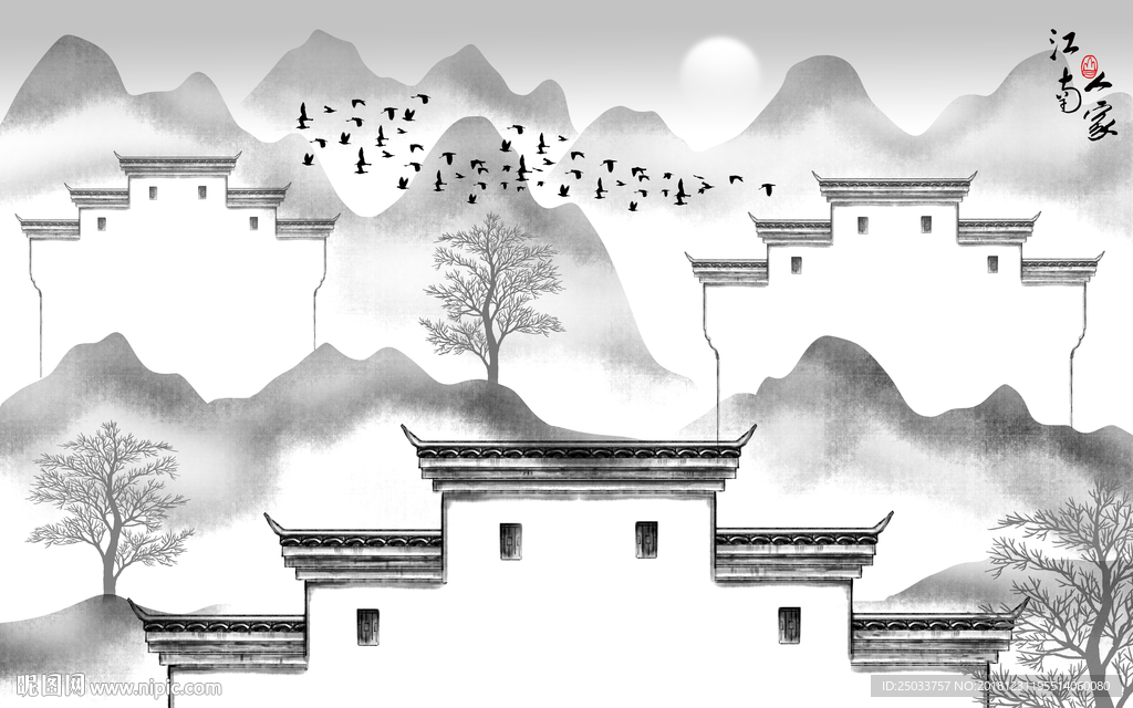 水墨徽派建筑玄关屏风背景电视墙