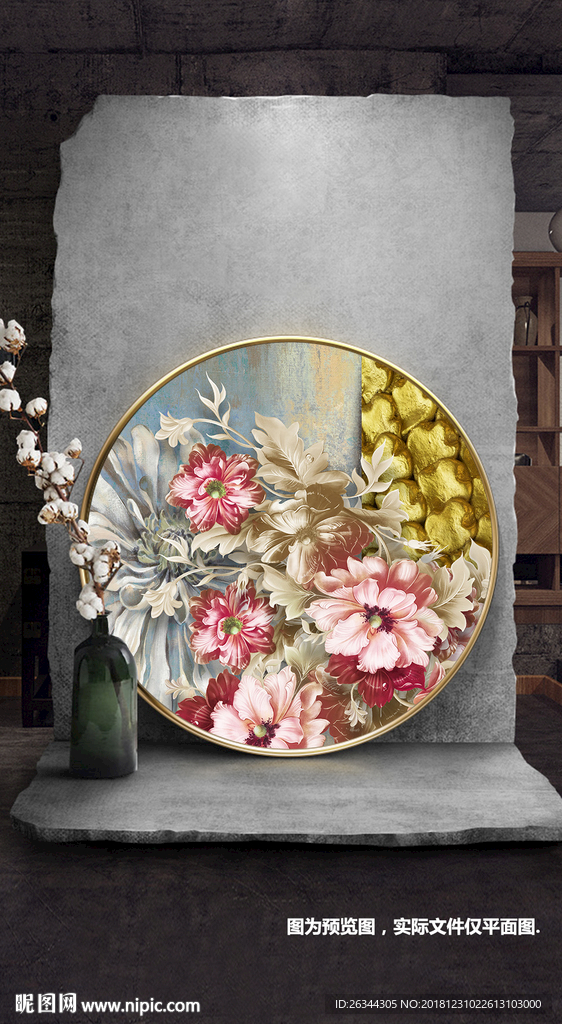 国画牡丹花鸟圆形装饰画