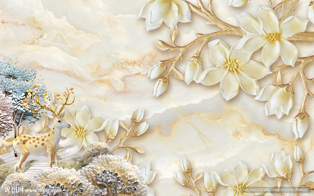 大理石立体花麋鹿玄关屏风背景电