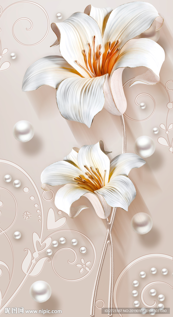 花朵绽放珍珠质感立体感玄关壁画