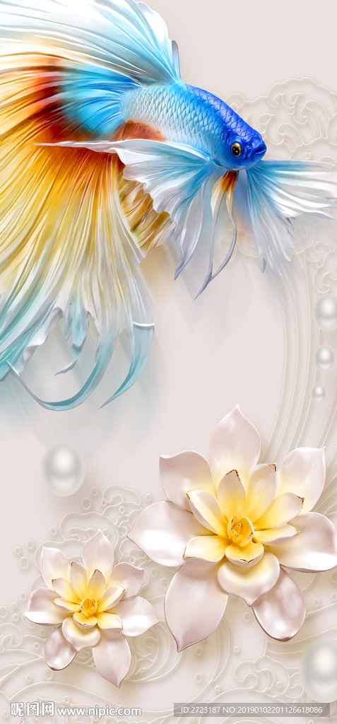 彩色鲜艳金鱼立体花朵玄关壁画