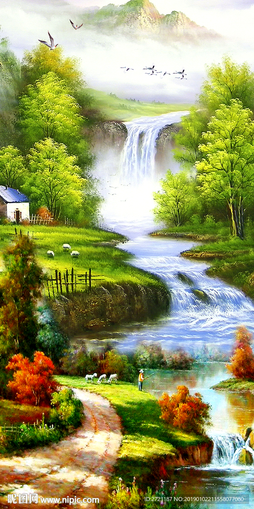 水彩画油画玄关山水风景壁画背景