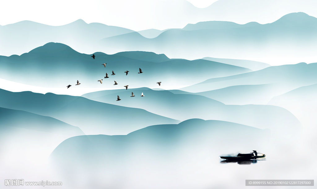 水墨山水飞鸟客厅抽象蓝色背景墙