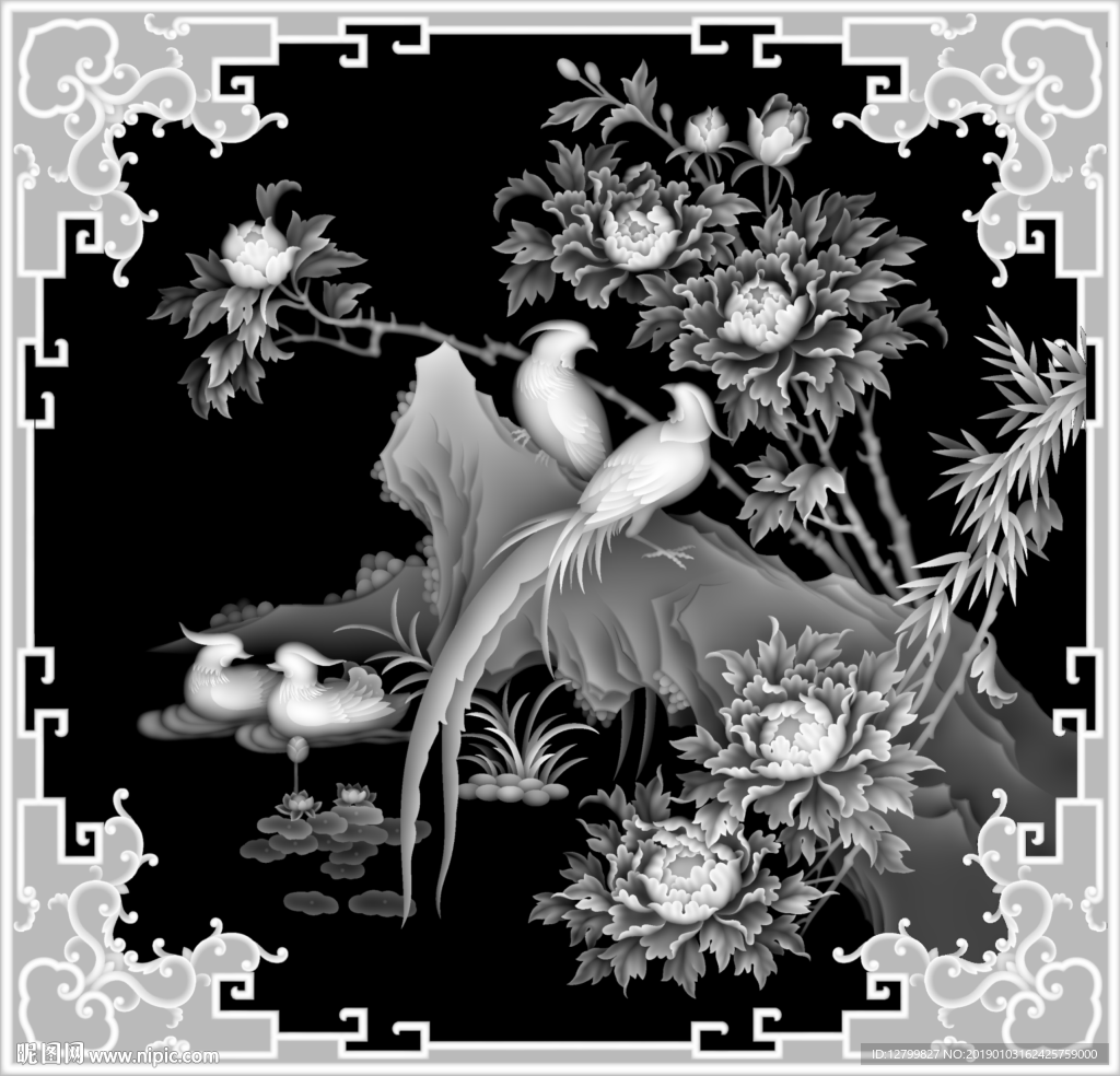 四季花鸟灰度图