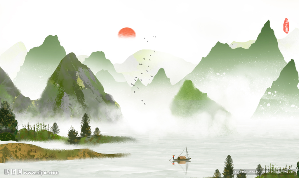 江山如画新中式电视背景墙