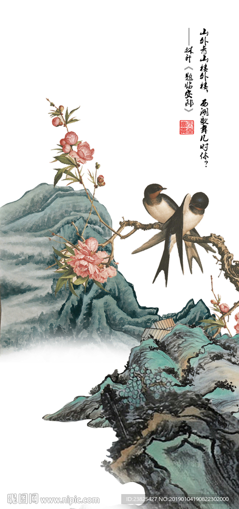 新中式水墨山水工笔花鸟玄关背景