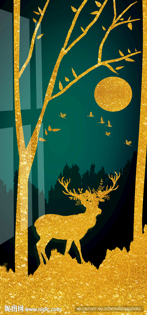 新中式抽象金色树林山水玄关背景